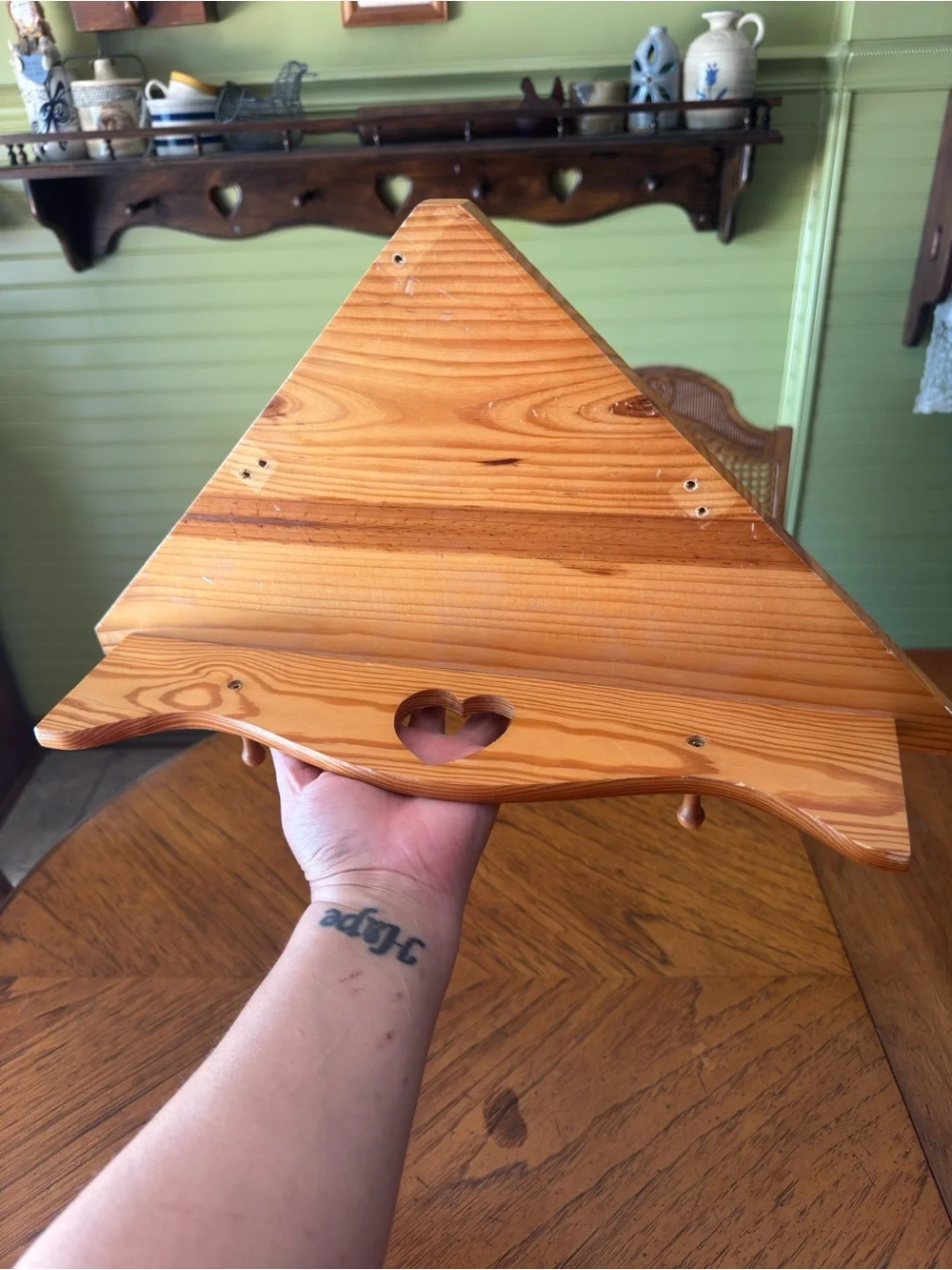 Wooden Triangle Wall Shelf with Heart Cutout - Natural Wood
